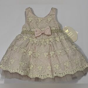 American Princess 12M Infant Antique Ivory-Pastel Pink Dress With Bow Sash NWT
